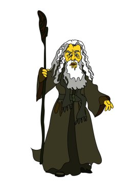 A white-haired old man with a stick in rags.