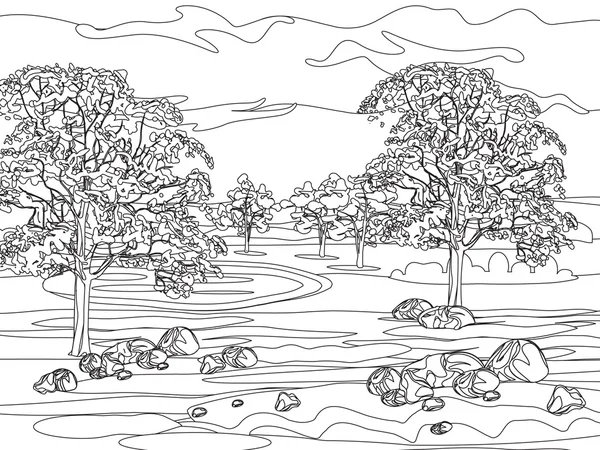 Mano disegnare alberi decorativi paesaggio e pietre — Vettoriale Stock