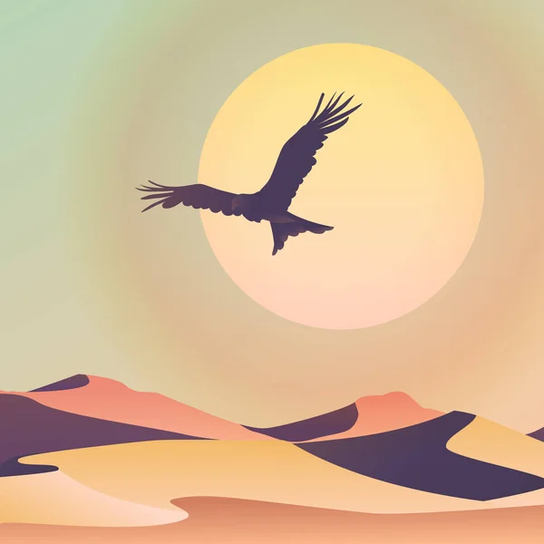 Un grand oiseau de proie survole les dunes. Le soleil derrière l'oiseau le paysage des pays tropicaux. Du sable du désert. Couleur minimaliste image stylisée dans le vecteur. — Image vectorielle