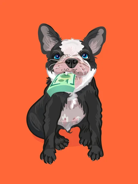 프랑스 불독 강아지가 흑백으로 앉아 있습니다. 그는 입에 지폐 뭉치를 쥐고 있다. — 스톡 벡터