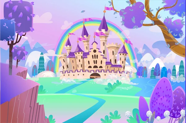 Il castello dei cartoni di FairyTale. Bel castello dei cartoni animati. Fantasy palazzo delle favole con arcobaleno. Illustrazione vettoriale — Vettoriale Stock