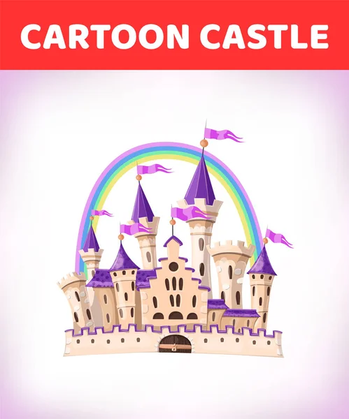 FairyTale мультяшный замок. Милый мультяшный замок. Дворец сказок с радугой. Векторная иллюстрация — стоковый вектор