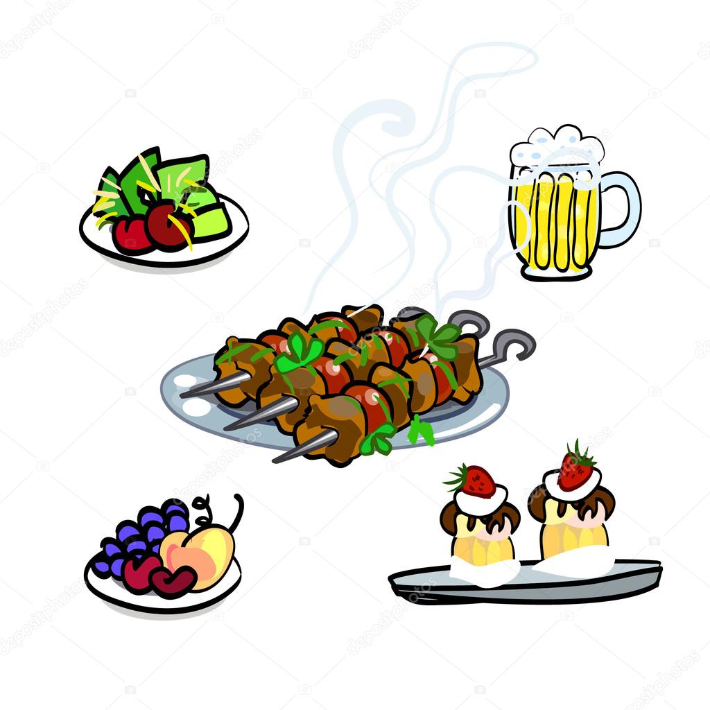 A delicious kebab with tomatoes, meat and beer, a plate of greens and sweet cupcakes cakes. Set in a bright cartoon style, vector.