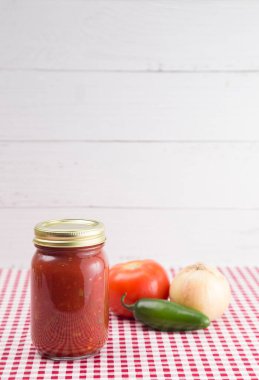 Kırmızı Gingham Masa örtüsü üzerinde salsa. Ev Canning Kavanozunda.