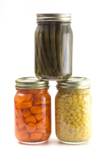 Green Beans Carrots Corn Home Canning Jars — Stock Photo, Image