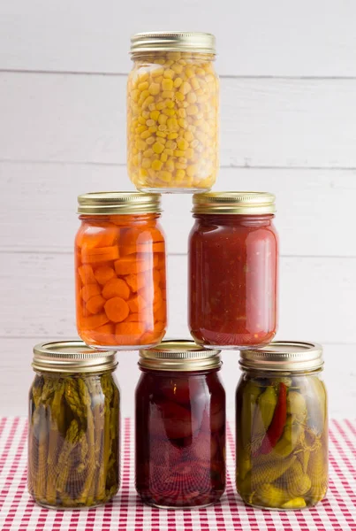 Assortment Various Fruits Vegetables Have Been Canned Home — Stock Photo, Image