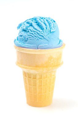 Beyaz bir arka planda tek kepçe Mavi Dondurma Konisi