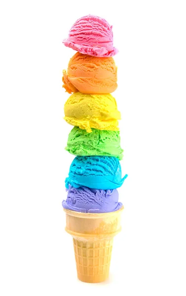 Six Large Scoops Rainbow Ice Cream Cone White Background — Stock Photo, Image