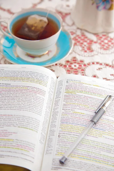 Bible Set Out with Tea for a Ladies Bible Study