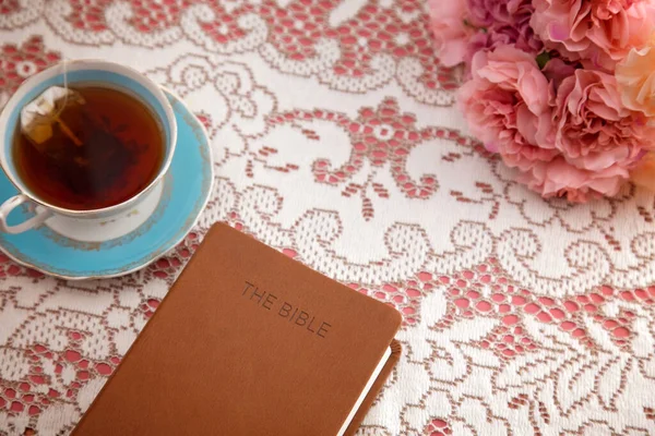 Bible Set Out with Tea for a Ladies Bible Study