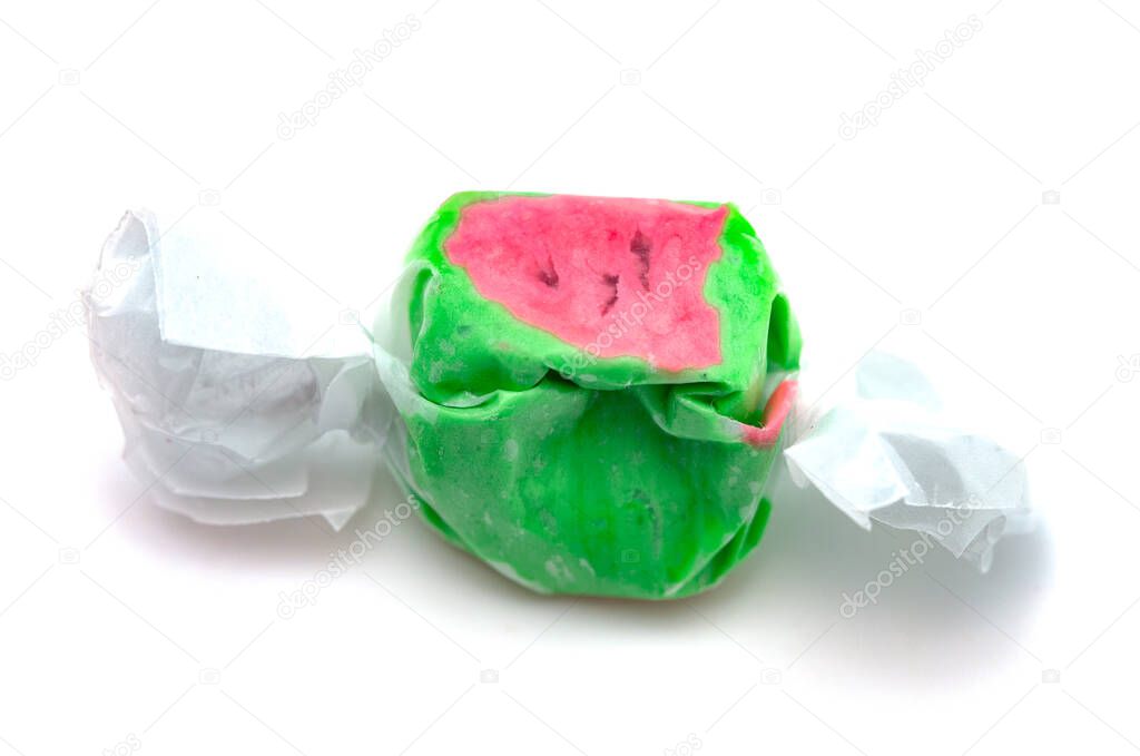 Single Piece of Watermelon Salt Water Taffy on a White Background