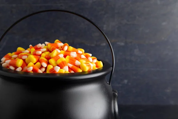 Black Cauldron Witches Filled Candy Corn — Stock Photo, Image