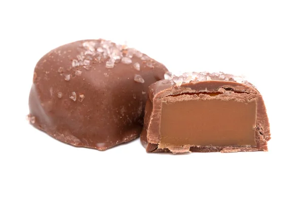 Piece Chocolate Covered Salted Caramel Sprinkled Salt Top — 스톡 사진