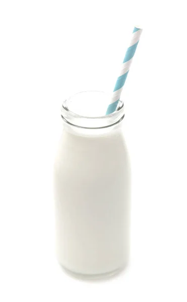 Eine Flasche Weiße Milch Auf Weißem Hintergrund Mit Einem Papierstroh — Stockfoto