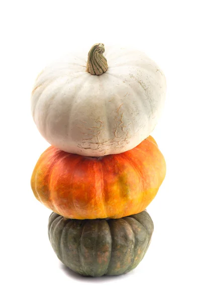 Three Colors Pumpkins Stacked Smallest Largest White Background — 스톡 사진