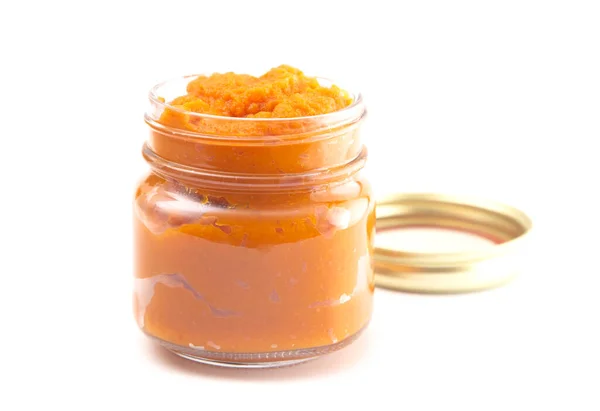 Glass Canning Jar Filled Orange Vegetable Puree — 스톡 사진