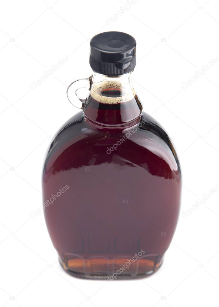 Bottle of Pure Maple Syrup on a White Background