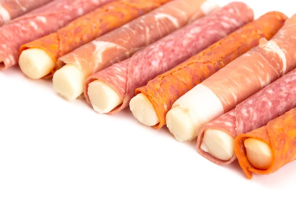 Palo Queso Mozzarella Envuelto Carne Curada Gran Bocadillo Para Dietas —  Fotos de Stock