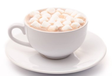 Yuvarlak bir bardak sıcak çikolata. Üstünde de küçük beyaz şekerlemeler.