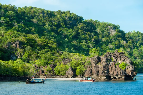 Barcos de pesca en el mar y el bosque de manglares de Tailandia — Foto de Stock