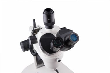 Beyaz arka plan üzerinde izole mikroskop, bu gerçek bir laboratuarda kullanılan ekipman hakiki bir parçasıdır.