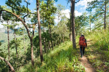 Uzun yürüyüşe çıkan kimse sırt çantası ayakta Doi Cheng-Dao Tayland bir dağın tepesinde ile