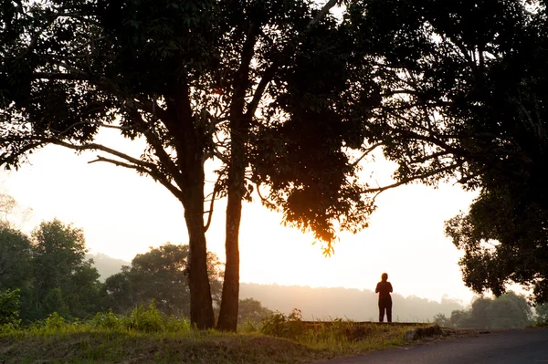 Caminhante com mochila desfrutando do nascer do sol — Fotografia de Stock