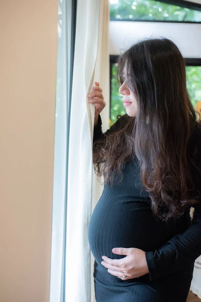 Mulher Grávida Muito Jovem Junto Janela Sala Conceitos Gravidez Família — Fotografia de Stock