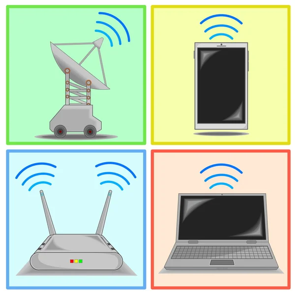 Connectiviteit pictogram van radar, slimme telefoon, router en laptop — Stockvector