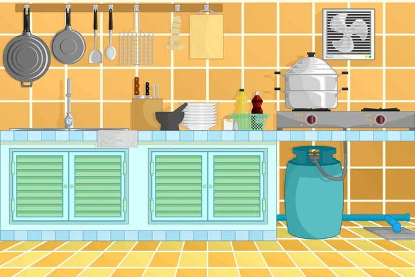 Cozinha interior fundo com utensílios de cozinha. ilustração vetorial . — Vetor de Stock