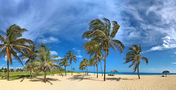 Karibik tropischer Strand mit schönem weißen Sand, türkisfarbenem Wasser und Palmen in Tarara (Havanna, Kuba). Panoramablick — Stockfoto