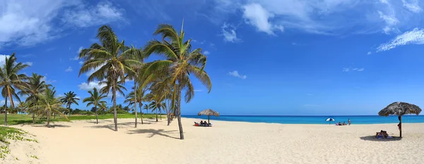 Karibská tropická pláž s krásný bílý písek, tyrkysové vody a palmami v Tarara (Havana, Kuba). Panoramatický pohled — Stock fotografie