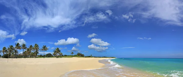 Karibská tropická pláž s krásný bílý písek, tyrkysové vody a palmami v Tarara (Havana, Kuba). Panoramatický pohled — Stock fotografie