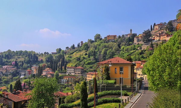 View over Bergamo Bassa from the walls around Bergamo Alta, Lombardy, Italy