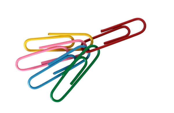 Colored paper clips on a white background — Stock Photo, Image