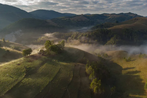 Flygfoto Över Bergslandskapet Med Morgondimma Vid Skogsbrynet Rumänien — Stockfoto