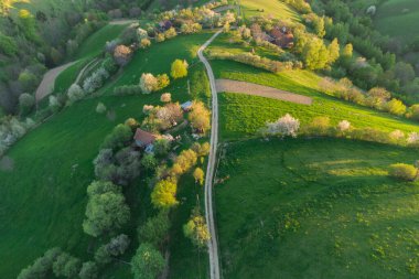 İlkbaharda, Karpat dağlarının vadilerinde uzak Romen köyü olan kırsal dağ manzarası