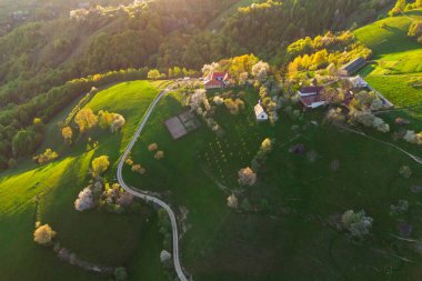 İlkbaharda, Karpat dağlarının vadilerinde uzak Romen köyü olan kırsal dağ manzarası