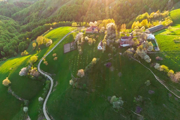 カルパチア山脈の谷で 春には リモートルーマニアの村の上り坂と農村の山の風景 — ストック写真