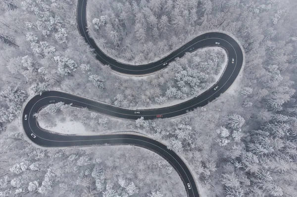Aerial Winter View Curvy Mountain Road Poiana Brasov — Stock Photo, Image