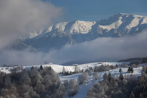 Transilvanya köyünün üstündeki kış manzarası. Karpat Dağları 'ndaki hava görüntüleri