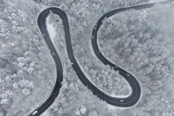 Aerial Winter View Curvy Mountain Road Poiana Brasov — Stock Photo, Image