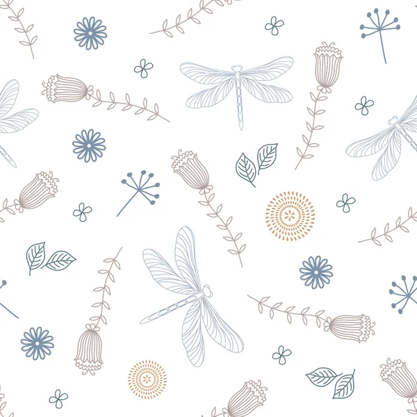 Nahtloses Muster mit blauen Libellen und Blumen. Handzeichnung — Stockvektor