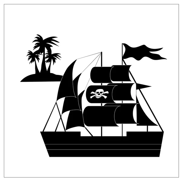 Silhouette of a pirate ship with a skull on the sail — Stock Vector