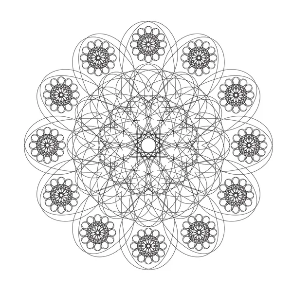 Grafisches Mandala mit kreisförmigem Ornament. Schwarz-weißer Hintergrund — Stockvektor