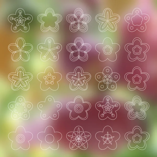 Reihe linearer Blumensymbole auf verschwommenem Hintergrund. Fünf Blütenblätter — Stockvektor