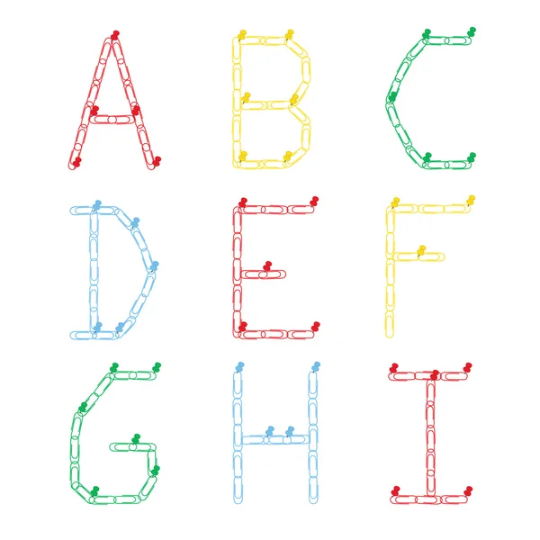 Alphabet aus farbigen Büroklammern auf einem Stecknadeln. die Buchstaben a, b — Stockvektor