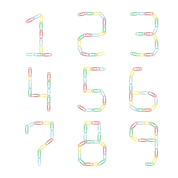 Die bunten Zahlen von 1 bis 9 aus farbigen Büroklammern — Stockvektor