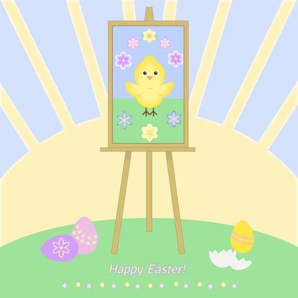 Happy Easter card with chicken on an easel — Stock Vector