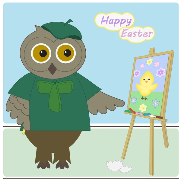 Happy Easter card with with an owl-artist — Stock Vector